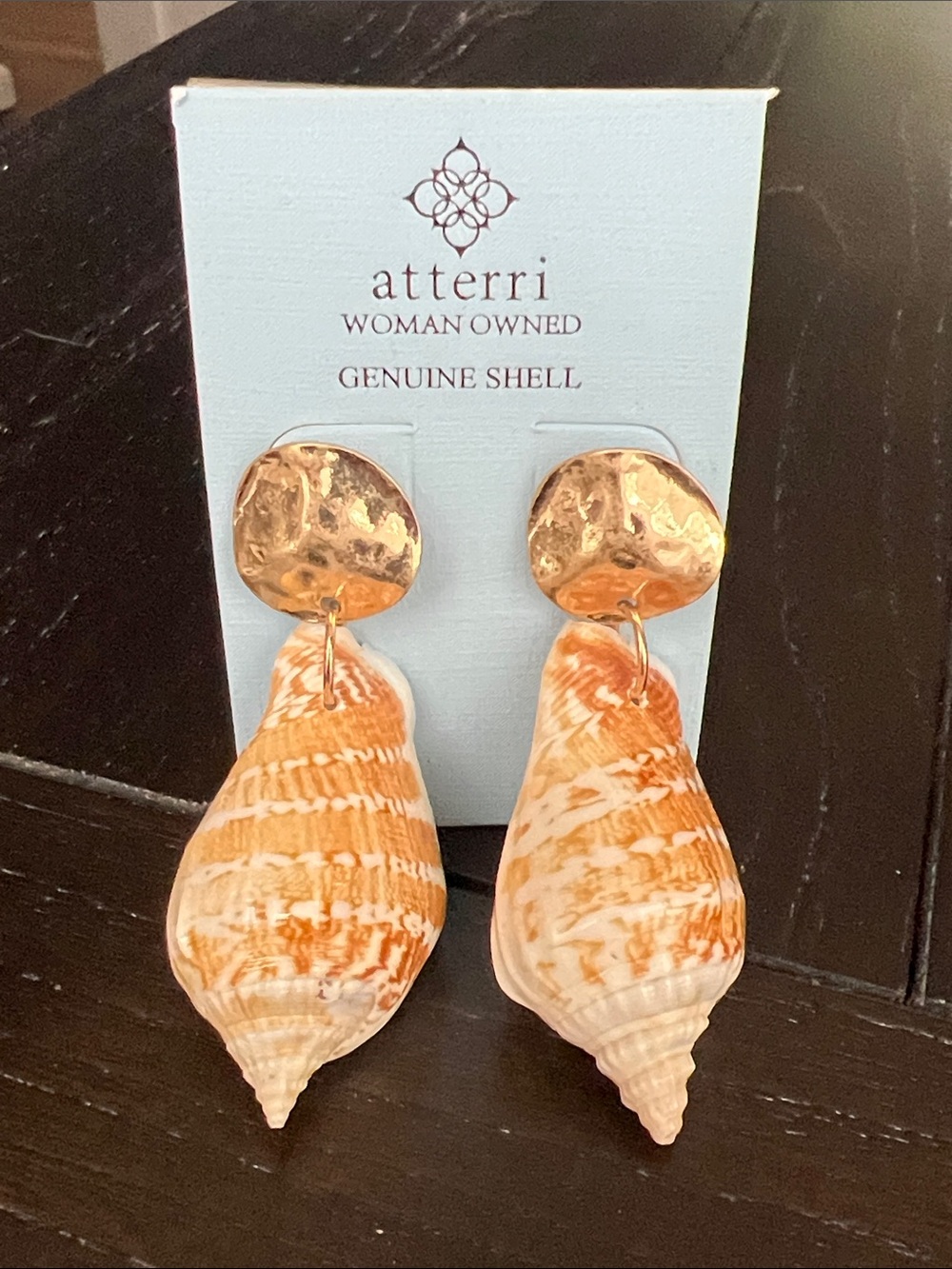 Atterri Orange & Cream Shell Drop Earrings with Hammered Gold Accents